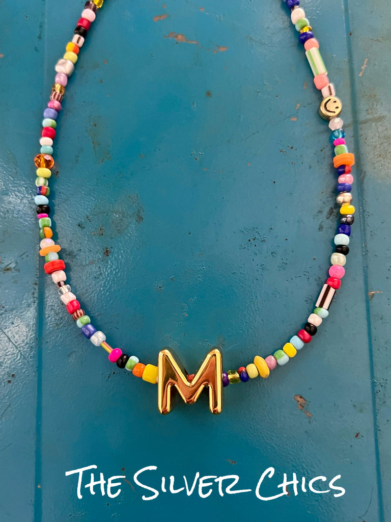 Multicolored Seed Bead Necklace with Initial of your Choice!