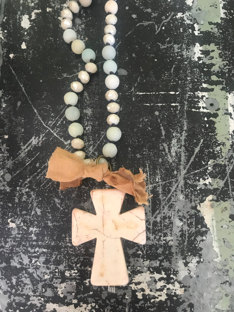 Chunky Tan Cross on Amazonite Necklace