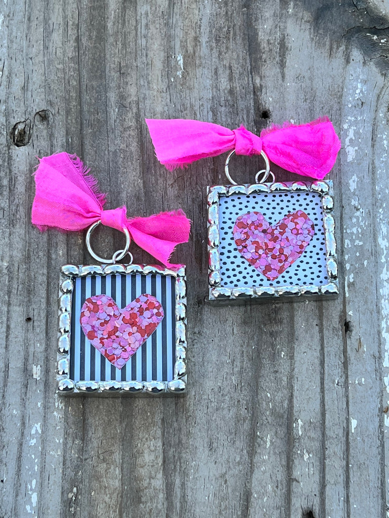 Pink Glitter Heart Soldered Square