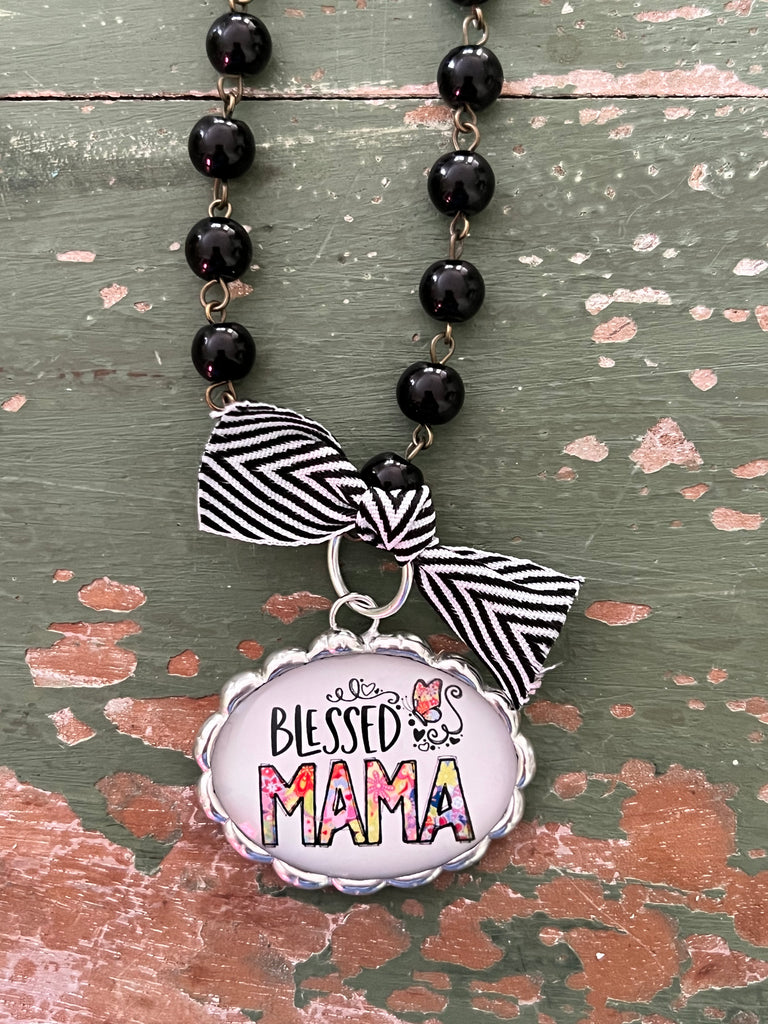 Blessed Mama Black Beaded Necklace