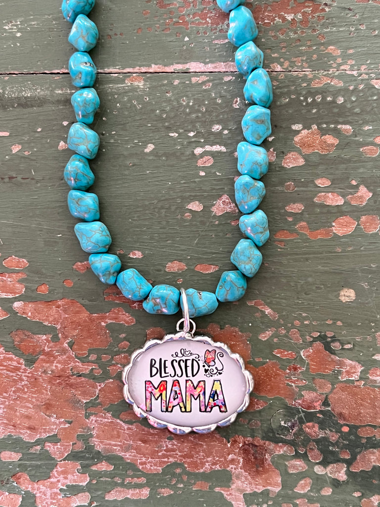 Blessed Mama on Turquoise Beaded Necklace