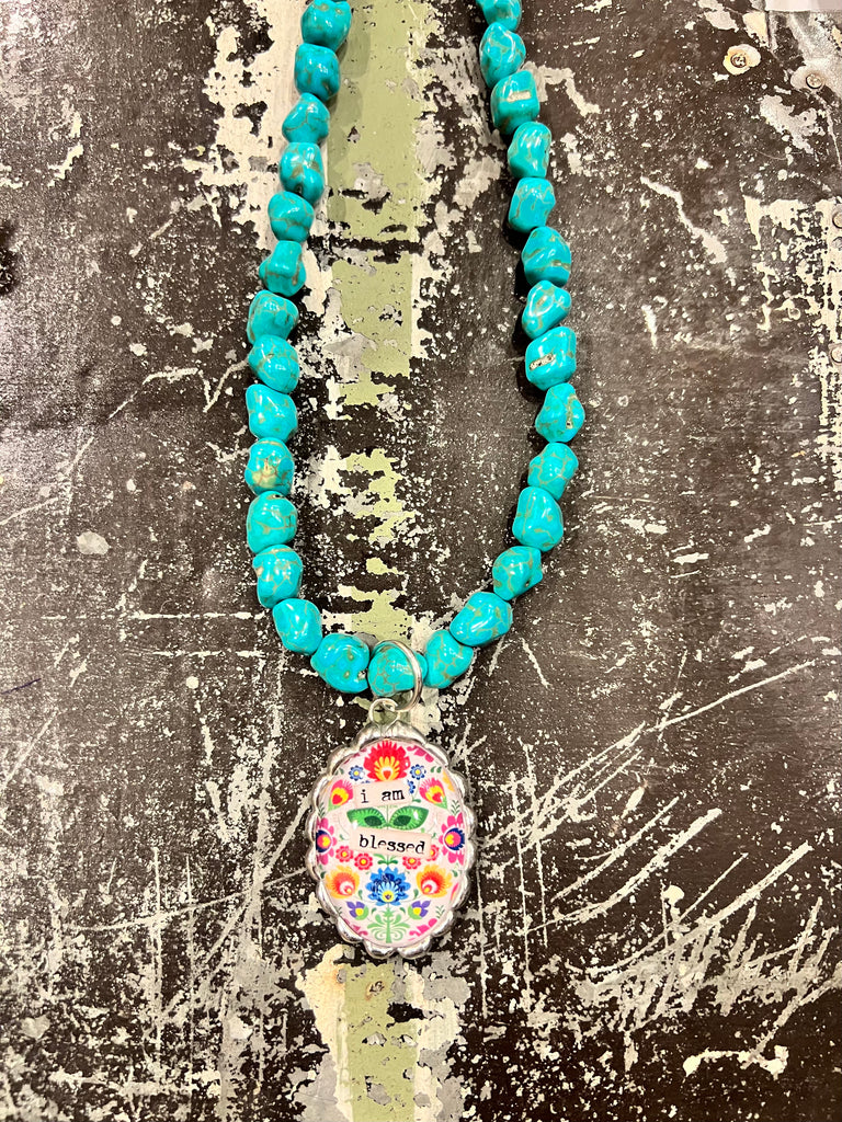 Chunky Turquoise Necklace with I am Blessed Soldered Bubble