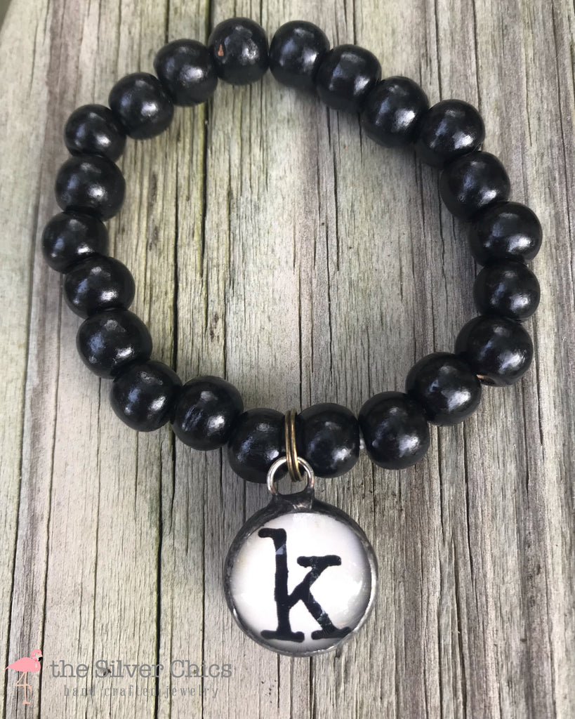 Wooden Beaded Bracelet with Initial Bubble Charm